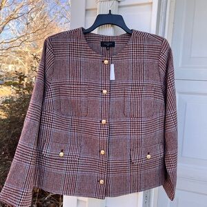 NWT Talbots Gorgeous Tan Maroon Blue Plaid Pocket Front Lined Blazer